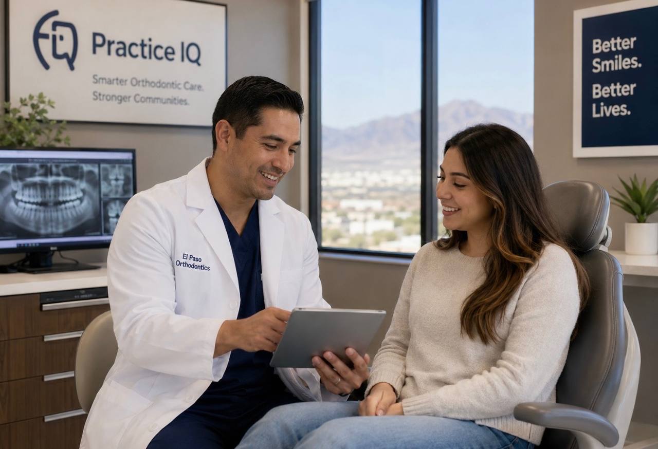 Brand concept rendering: a dentist reviewing a treatment plan on a tablet with a patient in a consultation room.